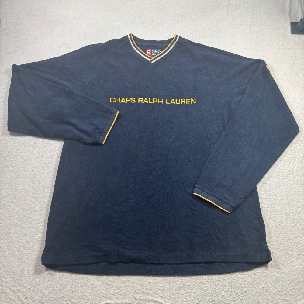 Chaps Ralph Lauren Fleece Pullover Mens XL Navy Blue Good Vintage Spellout 90s